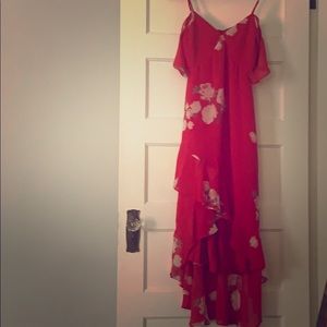 Red Floral Chiffon Cold Shoulder Dress